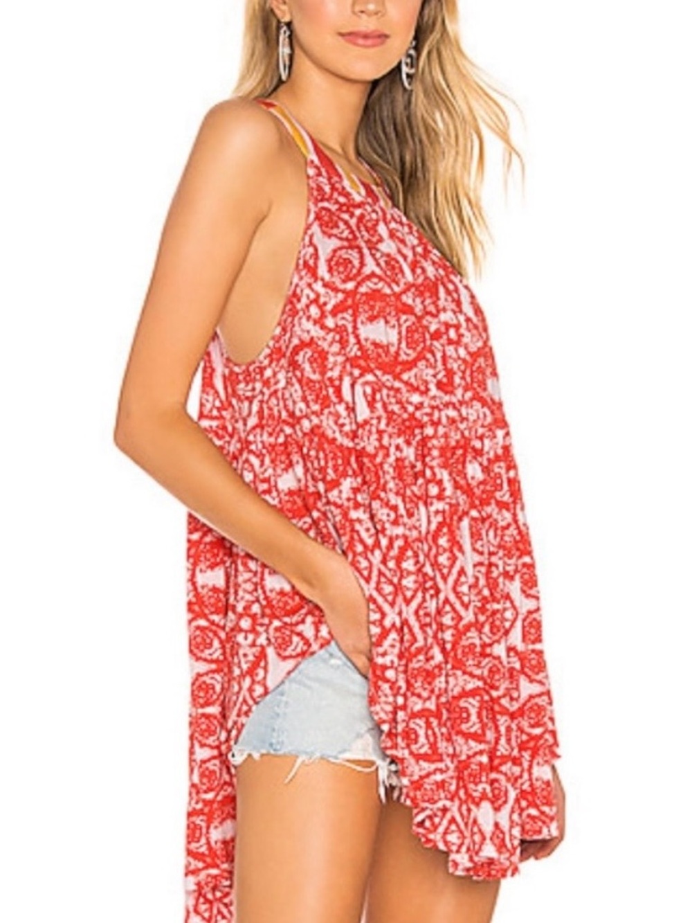 Free People Red and White Printed Tunic Tank